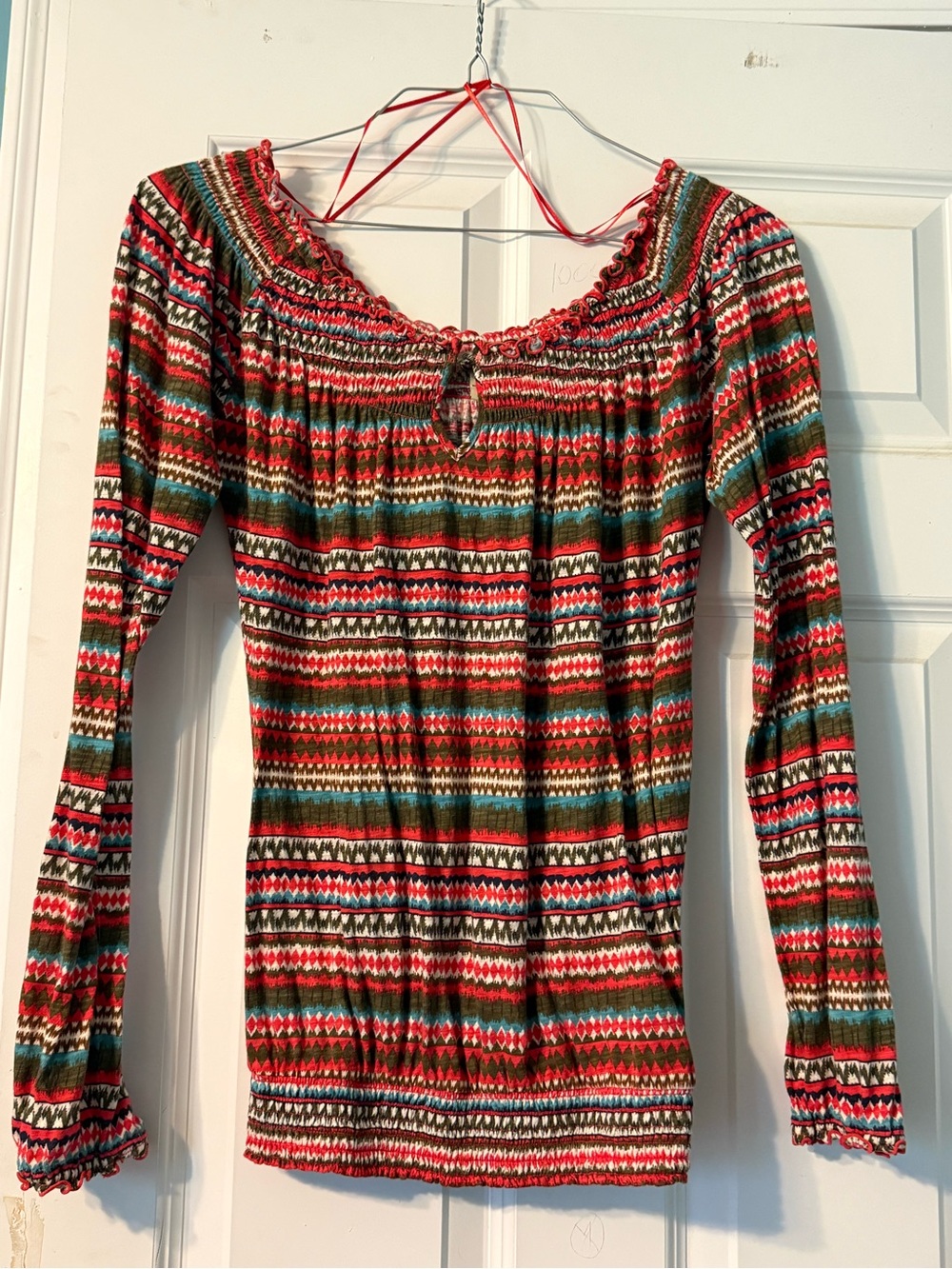 Boho-Style Long Sleeve Peasant Top in Red Multi